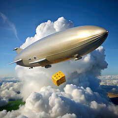 Naklejka premium A golden airship floats above the clouds with a giant yellow dice.
