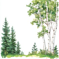 Fototapeta premium Serene Forest Scene with Birch and Evergreen Trees in Natural Setting