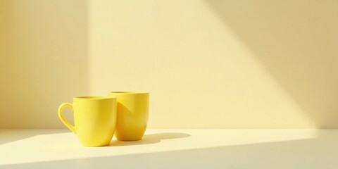 Two Yellow Mugs in Soft Sunlight on a Pale Surface, Minimalist Still Life Photography Featuring Simple Shapes and a Calm Atmosphere