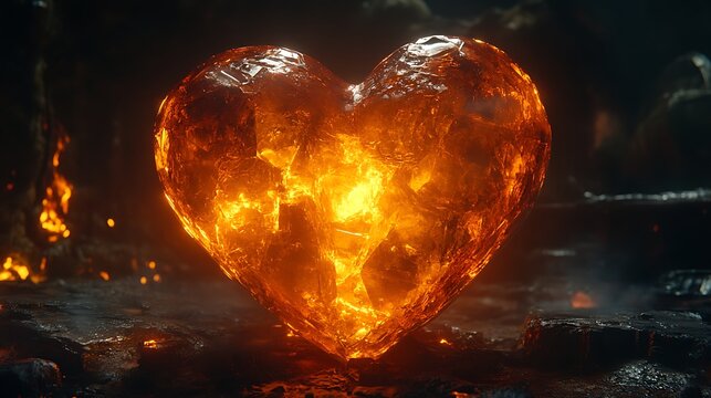 Fiery Heart: A molten heart of fire, glowing intensely against a dark, mysterious background. The image evokes feelings of passion, intensity and power. 