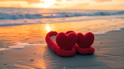 Fototapeta premium Warm red slippers with heart detail on beach background