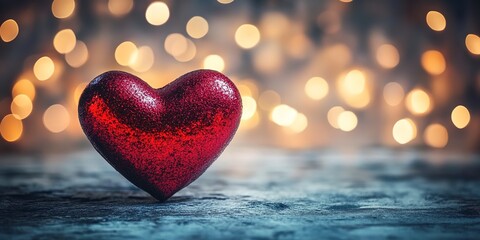 Fototapeta premium A shiny red heart with a blurred background of lights, symbolizing love and romance for Valentine's Day