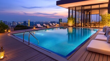 Fototapeta premium rooftop infinity pool at sunset, city view - luxury lifestyle