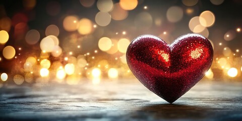 Fototapeta premium A shiny red heart with a blurred background of lights, symbolizing love and romance for Valentine's Day