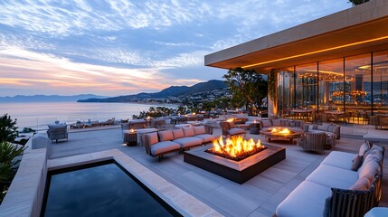 Fototapeta premium luxury rooftop lounge sunset ocean view - warm lighting