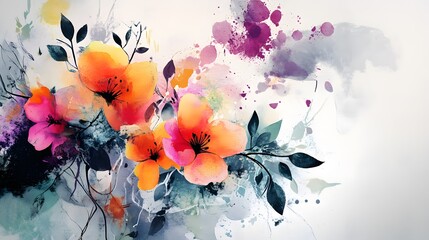 Obraz premium Abstract Watercolor Painting of Orange Flowers and Leaves