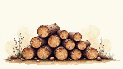A Stack of Timber Logs Resting on Brown Earth, Surrounded by Small Plants and Stones