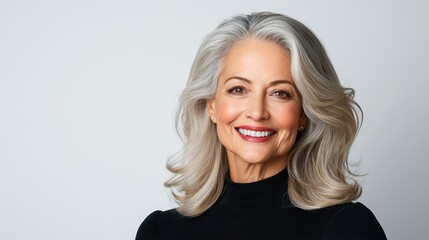 Naklejka premium The lifestyle portrait features a content woman in her 60s, radiating joy and confidence as she poses against a clean white background