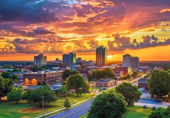 Fototapeta premium A vibrant and bustling cityscape of the skyline in Maiden, North Carolina at sunset.