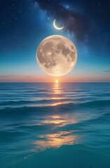 Calm Ocean Waters with Sunset and Starry Galaxy Night Sky Phone Background
