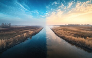 Fototapeta premium Split Sky over River Landscape with Fog, Warm and Cold Contrasting Colors.