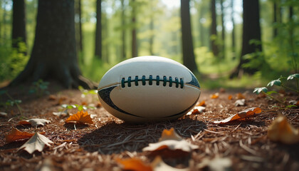 Rugby Ball on Forest Ground in Autumn for the Six Nations