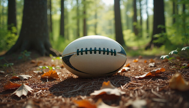 Rugby Ball on Forest Ground in Autumn for the Six Nations
