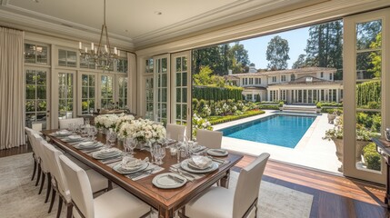 Fototapeta premium Luxurious dining room with pool view.