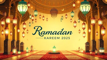 Obraz premium A vibrant and festive digital illustration of Ramadan celebration 2025