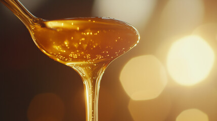 Golden honey drips from a silver spoon into a glass jar, glowing in warm natural sunlight that highlights its rich, smooth texture against a softly blurred background.