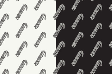 folding trekking poles doodle seamless pattern on black white background set. hatching hiking poles background. walking poles engraving wallpaper. pattern background with trekking poles for adventure