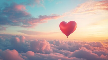 A heart-shaped balloon floating in the sky on Valentineâ€™s Day, surrounded by soft clouds and soft pink hues