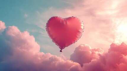 Fototapeta premium A heart-shaped balloon floating in the sky on Valentineâ€™s Day, surrounded by soft clouds and soft pink hues