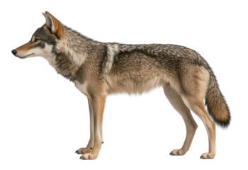 A close-up view of a coyote standing elegantly.