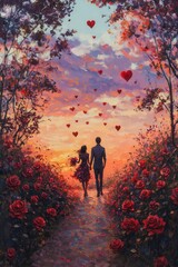 Fototapeta premium Romantic couple walking through a heart-filled path