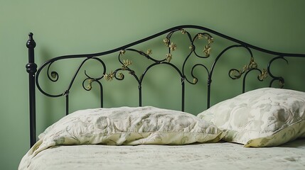 Wrought iron headboard with floral motifs on light green background