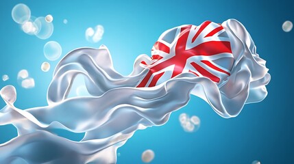 Elegant white fabric with red cross design floats against a vibrant blue background with bokeh