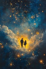 Fototapeta premium Couple walking under a glowing cosmic sky