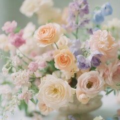 Obraz premium Soft Pastel Floral Arrangement with Roses, Delphinium and Sweet Peas.