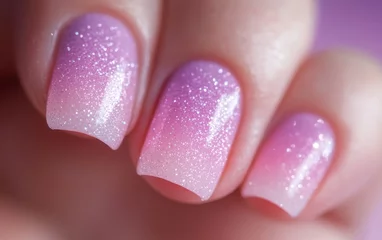 Fotobehang Close-up of Elegant Manicured Nails with Glitter Gradient, Pink and Purple Ombre Effect. © ProStockGallery