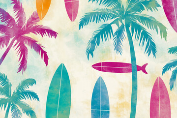 Award winning pattern design of fun tropical elements for kids design, featuring stylized palm trees, colorful surfboards, palm leaves, whimsical and cheerful pattern.