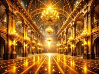 Naklejka premium Grand Hall, Magical Golden Light Beams, Sparkling Particles, Fantasy, High Depth of Field Stock Photo
