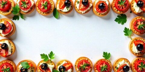 Appetizing tomato and berry topped creamy canap?s arranged in a delightful border, perfect for celebratory gatherings or elegant events.