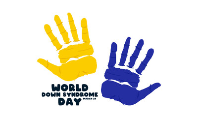 World Down Syndrome Day. March 21. Blue and yellow palms on a white background. Poster, banner, card, background.