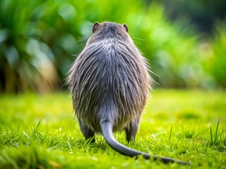 Fototapeta premium Gray Nutria, Coypu, Water Rat, Long Tail, Lawn, Rear View Macro