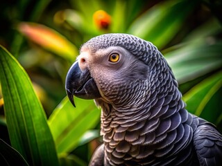 Fototapeta premium Gray Parrot Close-up, Low Light Jungle, Wild Bird Portrait