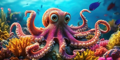A cute octopus in the colorful coral reef