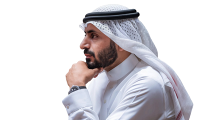 Thoughtful Arab Man in Traditional Attire isolated on transparent background