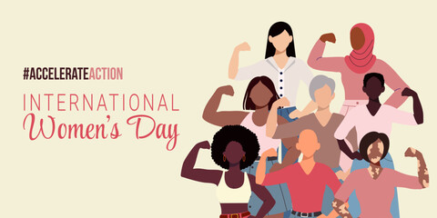 A poster for International Women's Day featuring a group of people with the words #Accelerateaction