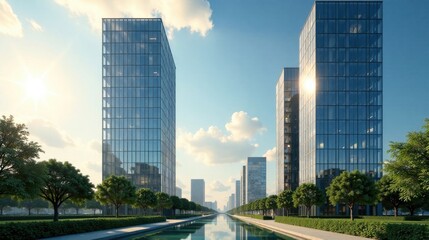 Obraz premium Modern Architectural Skyline Sunlit Glass Towers and Lush Greenery Reflecting in a Calm Canal