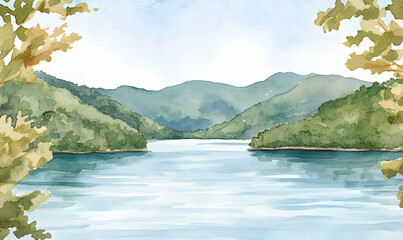 Serene lake, mountain view, watercolor, foliage frame, invitation