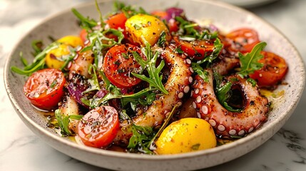 Grilled octopus salad with tomatoes, herbs, on marble kitchen counter.
