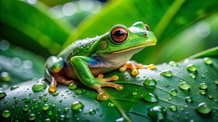 Obraz premium Green Frog on a Leaf in the Rain - Stunning Drone Photography