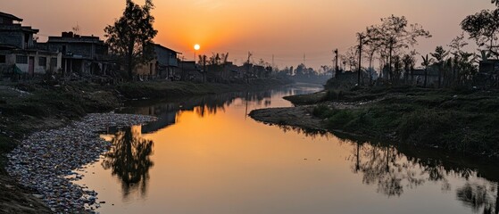 Obraz premium Golden Sunrise over a Rural Village and River with Reflections.