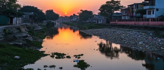 Obraz premium Sunrise Over Polluted River in Rural Setting with Reflections and Garbage.