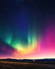 Vibrant Aurora Borealis Over a Dark Landscape Under a Starry Night Sky.