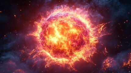 Fototapeta premium Fiery Celestial Orb: A mesmerizing digital rendering of a fiery celestial orb, pulsating with intense energy and radiating heat.