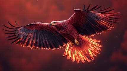 Fiery Flight: A majestic eagle soars through a fiery sky, its wings ablaze with a vibrant inferno. The eagle’s powerful flight evokes strength, determination, and the triumph over adversity.  