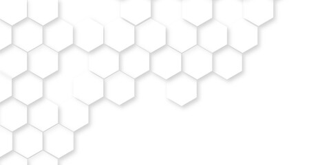 Minimal white hexagonal hexagon modern technology,Abstract white and grey color hexagonal geometric background with copy space,Surface polygon pattern with glowing hexagon paper texture and futuristic