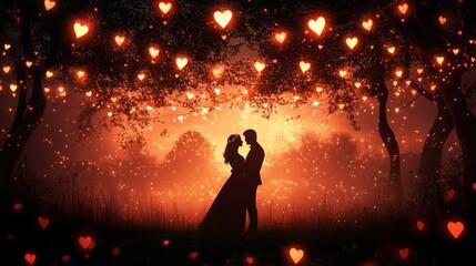 A romantic Valentine's Day evening, with a couple dancing together under a canopy of heart-shaped lights and soft music playing